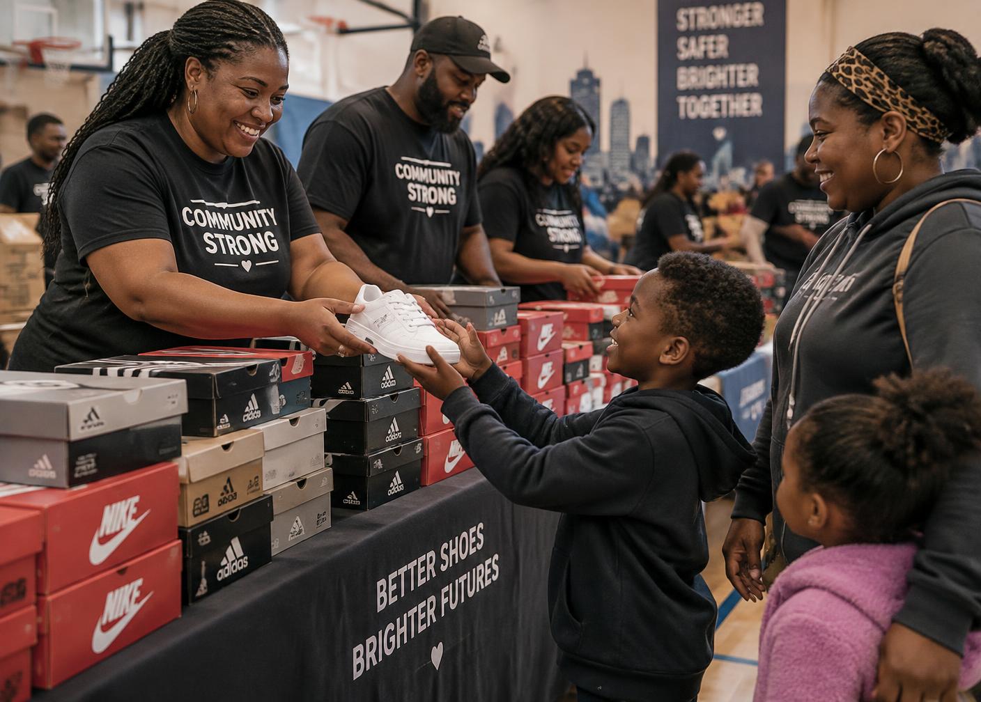 Volunteers handing out new shoes at a community giveaway