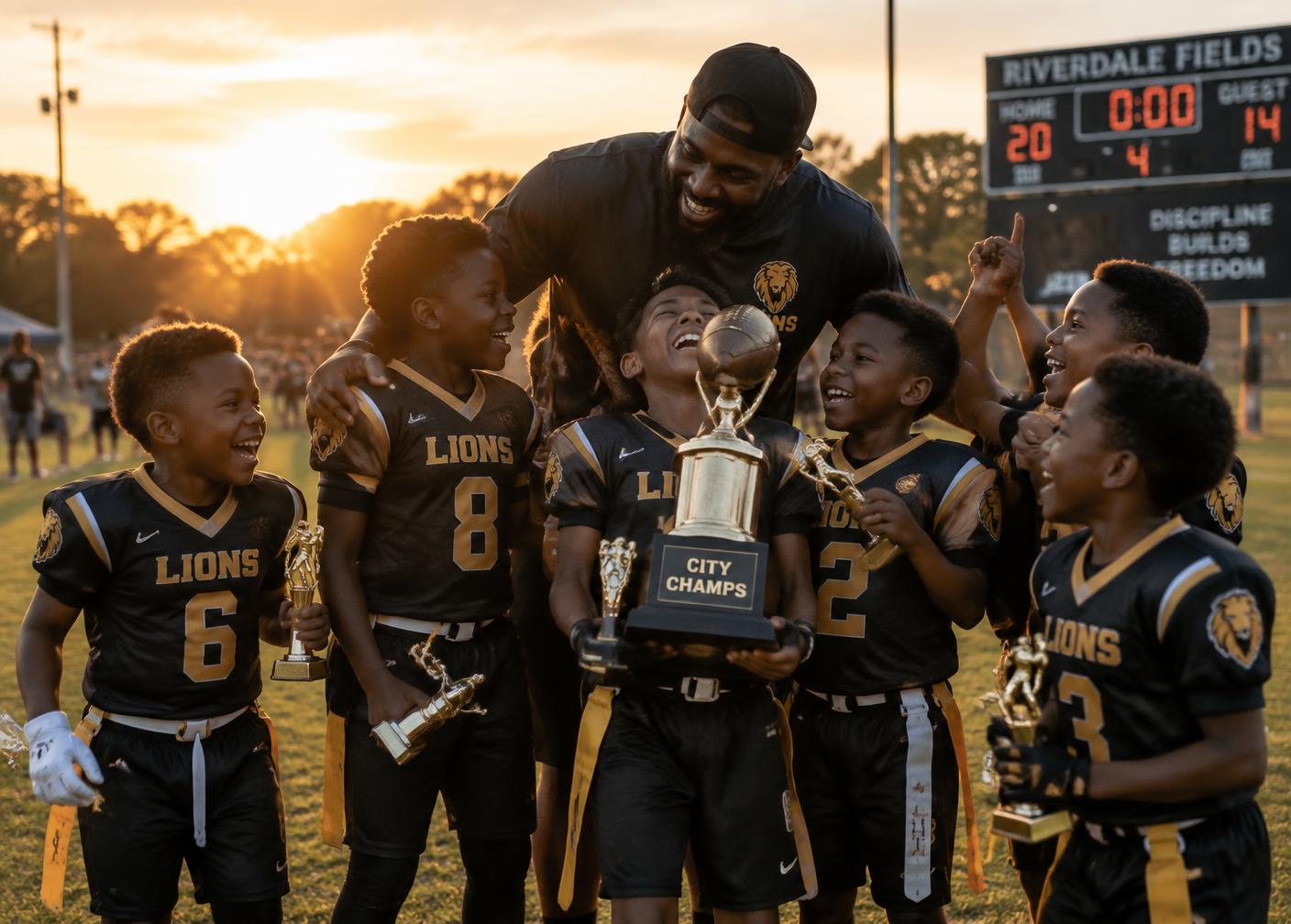 A youth flag football team celebrating with their coach