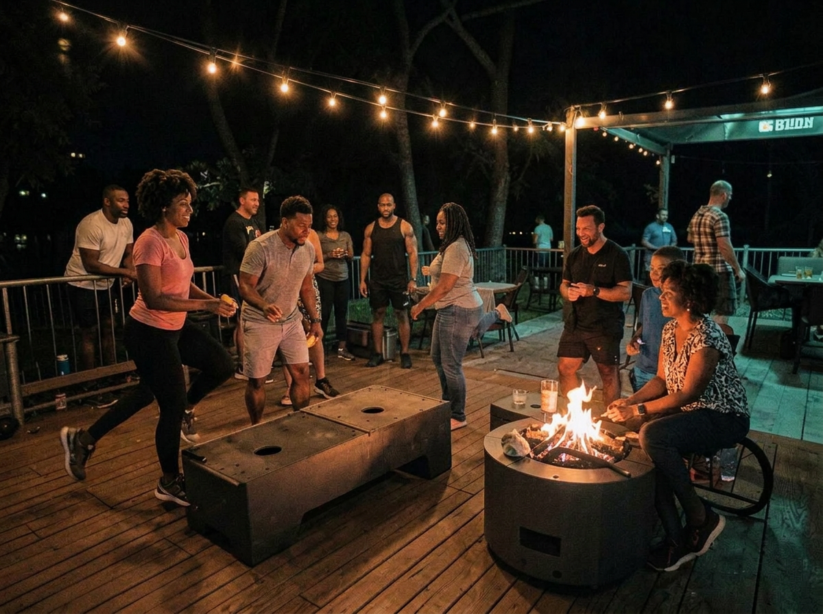 Members playing cornhole by a fire pit