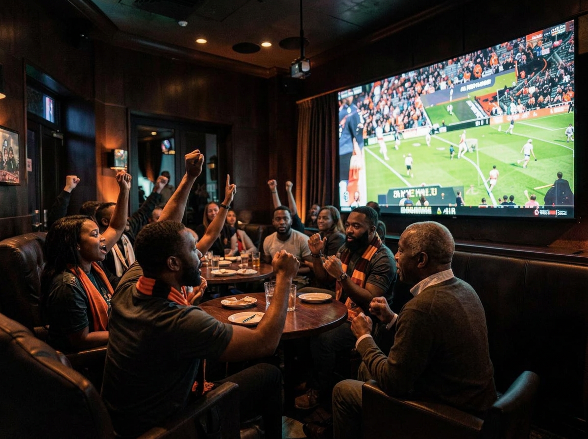 Friends reacting to a game on a large screen